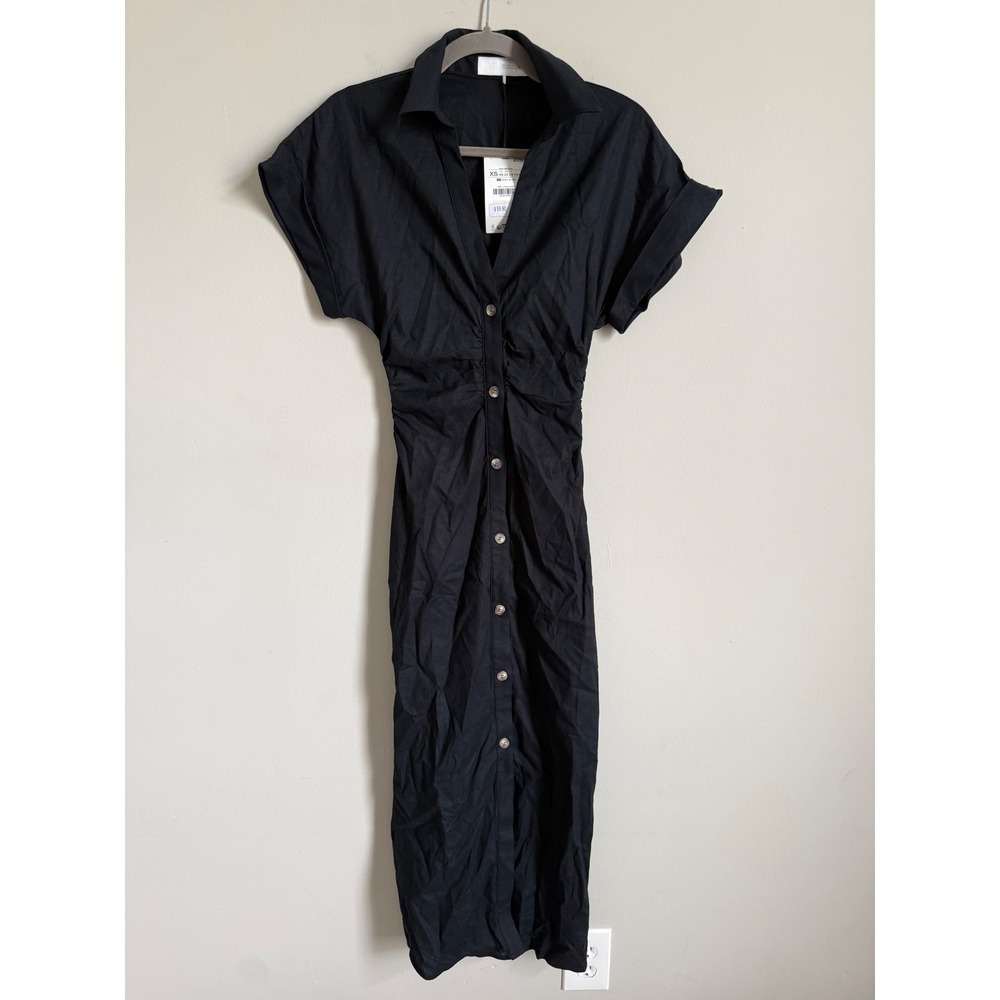 Zara Black Ruched Poplin Midi Shirt Dress NWT XS 2782/723/800